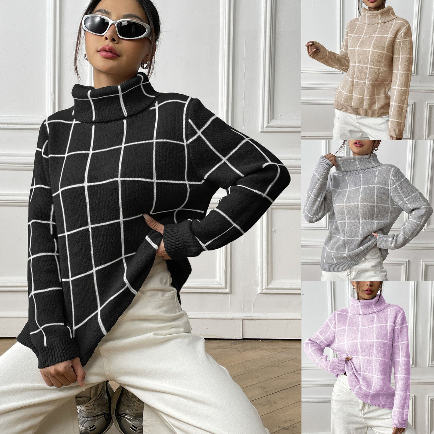 Contrast Color Mesh Woven Shirt Women's Pullover Top Cross-border European and American Women's Fashion Base Shirt Turtleneck Sweater