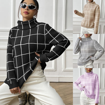 Contrast Color Mesh Woven Shirt Women's Pullover Top Cross-border European and American Women's Fashion Base Shirt Turtleneck Sweater