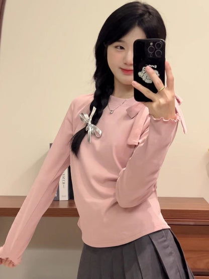 Bow Strap Long-sleeved Korean Style Chic Autumn and Winter New Top Sweet Pure Style Tight Waist Slim Fit Pleated Top