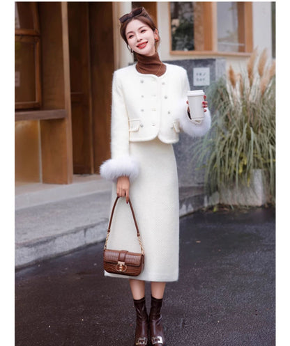 2024 Winter New Style Liner White Duck Down Jacket Real Hair Chanel Style suit Women's Light Luxury Socialite Skirt Two-piece Set