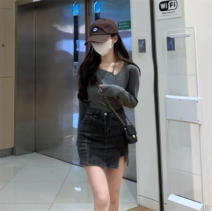 American Style Design Irregular Long-sleeved T-shirt Women's 2024 Spring and Autumn New Slim-fit Slimming Temperament Base Top