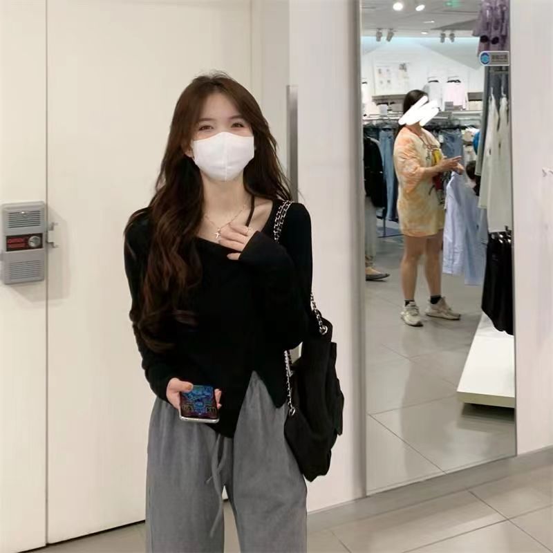 American Style Design Irregular Long-sleeved T-shirt Women's 2024 Spring and Autumn New Slim-fit Slimming Temperament Base Top