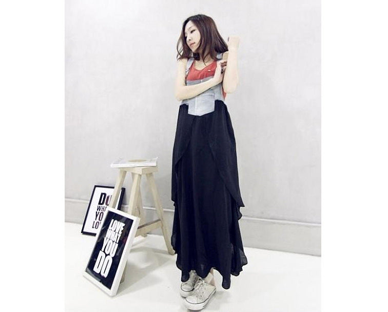2024 Summer New Korean Style plus size Loose Fashionable Casual Denim Stitching Chiffon Strap Denim dress Women