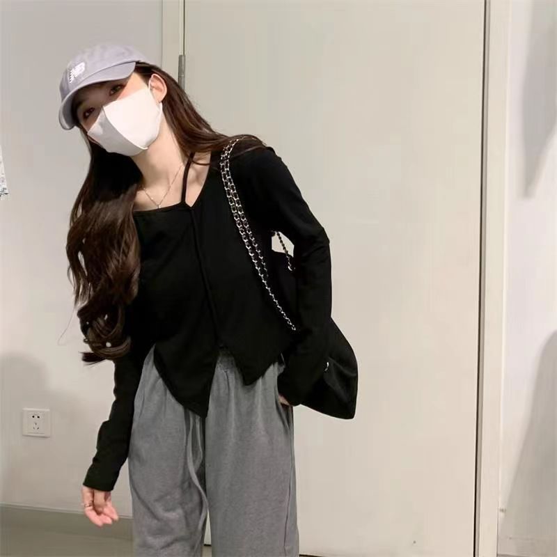 American Style Design Irregular Long-sleeved T-shirt Women's 2024 Spring and Autumn New Slim-fit Slimming Temperament Base Top