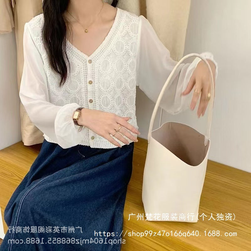 Spring and Summer All-match Sunscreen Stitching Chiffon Cardigan Long-sleeved Puff-sleeved Women's Niche Top Loose Western-style Coat