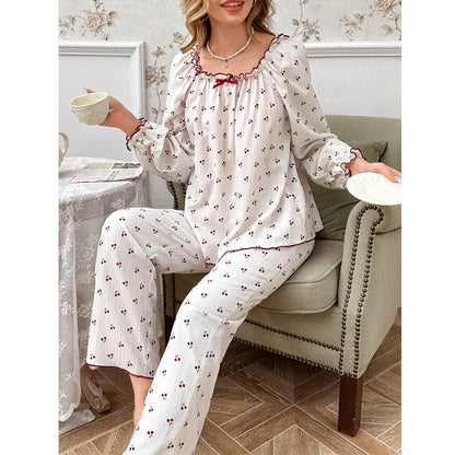 Cross-Border Sweet Cherry Blossom Pajamas Women's Set Spring and Autumn New European and American Style Floral Round Neck Long-Sleeved Long Pants Loungewear