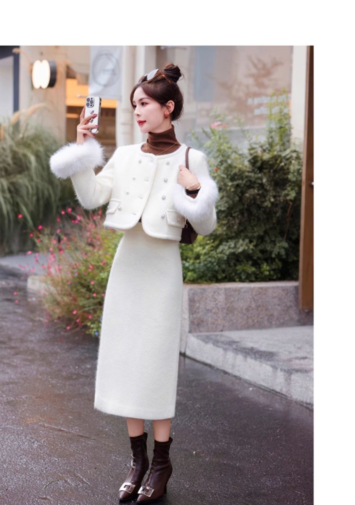 2024 Winter New Style Liner White Duck Down Jacket Real Hair Chanel Style suit Women's Light Luxury Socialite Skirt Two-piece Set
