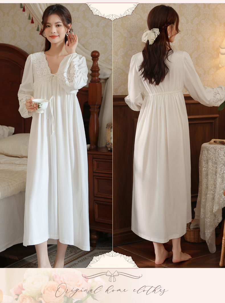 Women's long-sleeved nightdress spring cotton court style French lace princess temperament long pajamas can be worn outside home wear autumn and winter