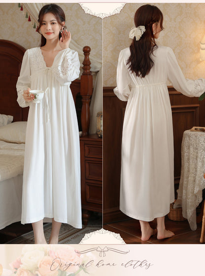 Women's long-sleeved nightdress spring cotton court style French lace princess temperament long pajamas can be worn outside home wear autumn and winter