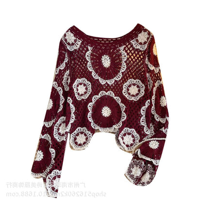 Early Autumn Design Sense Hollow-out Crochet Sweater Women's New Spice Girl Western Style Loose All-match Long-sleeved Top