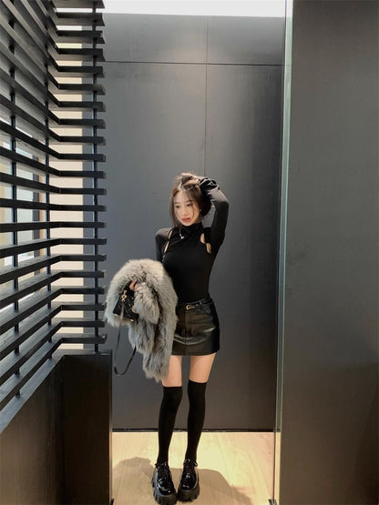 Pure Desire Thread Velvet Tight Inner Half-High Neck T-Shirt Women's Spring and Autumn Design Sense Hollow Base Shirt Top