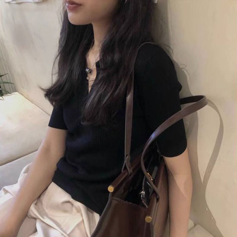 Cotton Polo Collar Short-Sleeved Summer New High-End Slim-Fitting Small Chic Collarbone Sweet Hottie Tops for Women Trendy