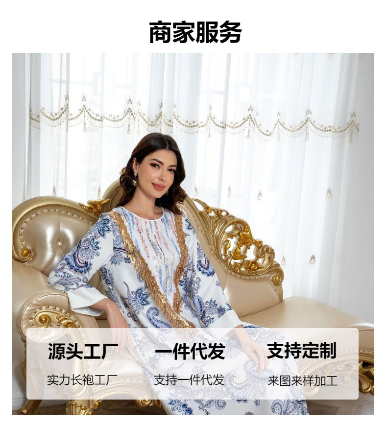 Sw0821 Amazon Women's Printed Robe Evening Dress European and American Cross-Border Dress Wholesale Long