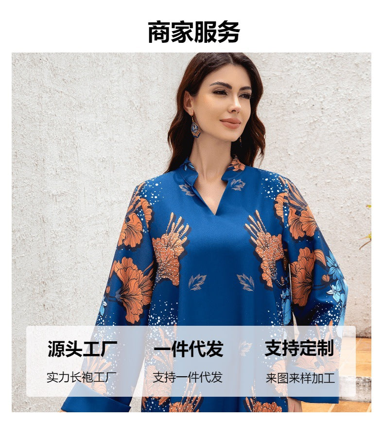Sw0839 Middle Eastern Cross-Border Muslim Ladies Robe Printed Accessible Luxury Pearl Belt Jumabiya Dress