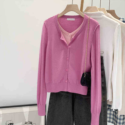 Beautiful V-neck Fake Two-piece Sleeve Knitted Cardigan Jacket Women's 2024 Autumn and Winter Western Style Unique Chic Slim Small Top