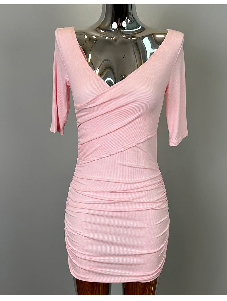 South Korea Dongdaemun New Sexy Feminine V-Neck Pleated Bag Hip Mid-Sleeve dress Figure