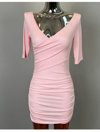 South Korea Dongdaemun New Sexy Feminine V-Neck Pleated Bag Hip Mid-Sleeve dress Figure