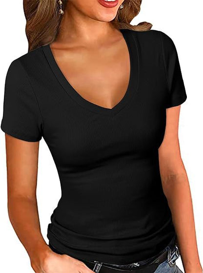 Solid Color Ribbed Pit V-Neck Short-Sleeve Tee