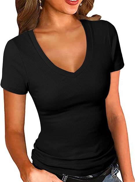 Solid Color Ribbed Pit V-Neck Short-Sleeve Tee