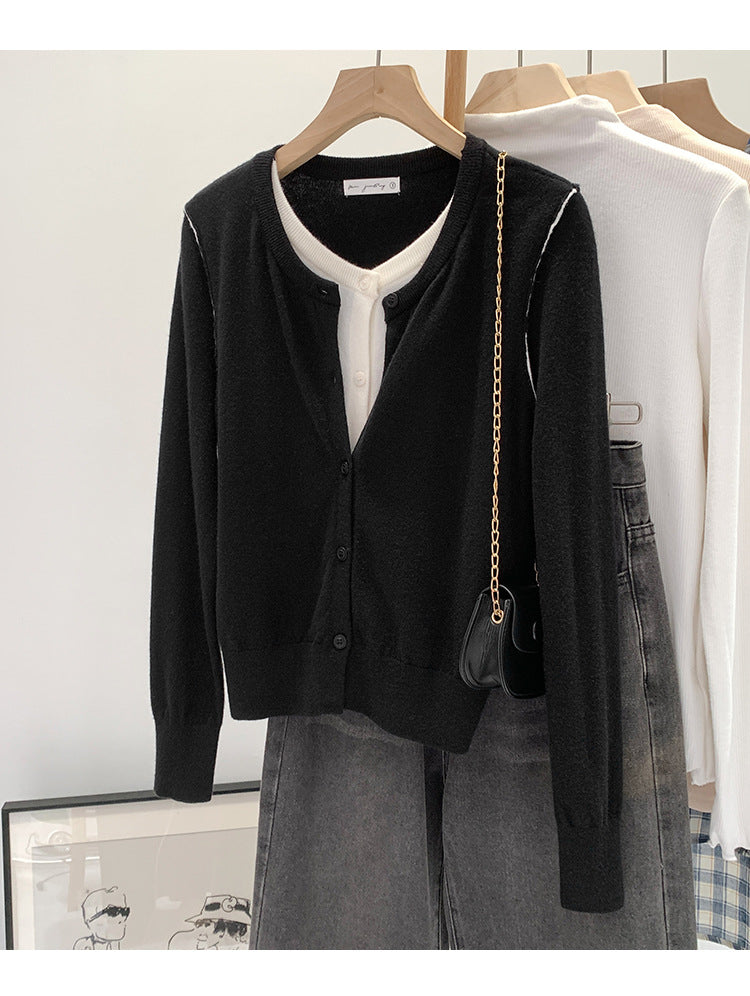 Beautiful V-neck Fake Two-piece Sleeve Knitted Cardigan Jacket Women's 2024 Autumn and Winter Western Style Unique Chic Slim Small Top