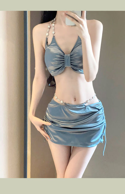 2025 New Swimsuit Women's Silver High-End Sexy Separates Three-Piece Set Hot Spring Vacation Fashion Bikini Hot Girl Outfit