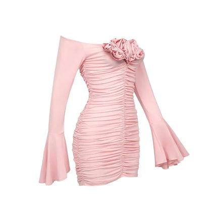 In Stock | European and American Cross-Border Spring and Summer Pink Floral Ruched Long-Sleeve Dress Women's Fitted Short Dress