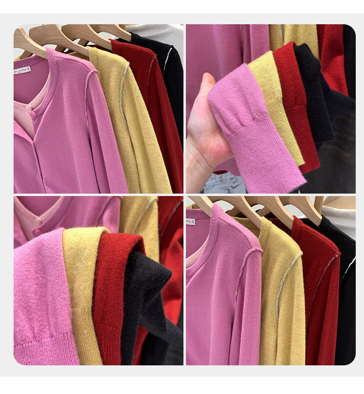Beautiful V-neck Fake Two-piece Sleeve Knitted Cardigan Jacket Women's 2024 Autumn and Winter Western Style Unique Chic Slim Small Top