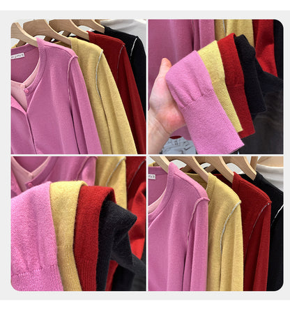 Beautiful V-neck Fake Two-piece Sleeve Knitted Cardigan Jacket Women's 2024 Autumn and Winter Western Style Unique Chic Slim Small Top