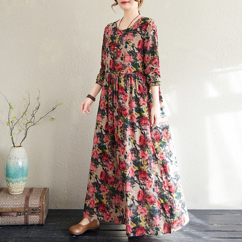 2025 Early Spring New Style Color Holiday Style Travel Crewneck Long Sleeve Retro Long Dress Women's Mat Covering Cotton and Linen dress