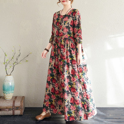 2025 Early Spring New Style Color Holiday Style Travel Crewneck Long Sleeve Retro Long Dress Women's Mat Covering Cotton and Linen dress