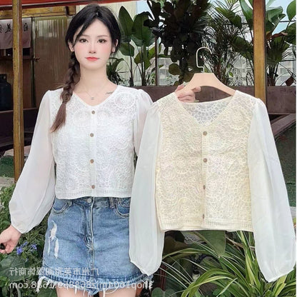 Spring and Summer All-match Sunscreen Stitching Chiffon Cardigan Long-sleeved Puff-sleeved Women's Niche Top Loose Western-style Coat
