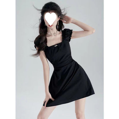 Black Waist-Cinching Slimming Square-Neck Dress for Women 2026 New Summer French Hepburn Style Elegant A-Line Short Skirt