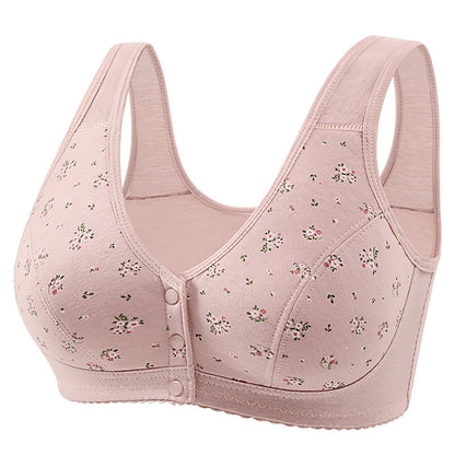 Front Button Middle-Aged and Elderly Large Size Push-Up Bra Thin Underwear Women's Soft Cotton Printed Wire-Free Vest Style Underwear