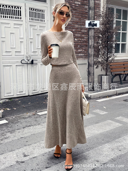 In-Stock New Model Factory Direct Sale 2025 Autumn and Winter European and American Women's Clothing Tight-Fitting Ribbed Long-Sleeve Casual Knit Set