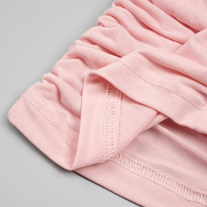In Stock | European and American Cross-Border Spring and Summer Pink Floral Ruched Long-Sleeve Dress Women's Fitted Short Dress