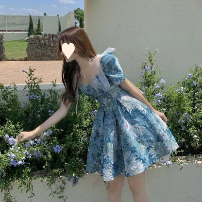 Floral dress Women's Summer French Style Elegant Short Waisted Skirt Niche Tutu Skirt Design Sense Sweet Puff Sleeve Skirt