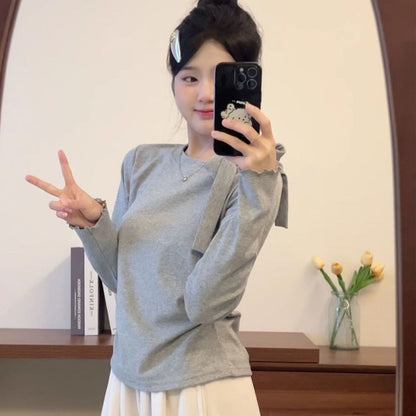 Bow Strap Long-sleeved Korean Style Chic Autumn and Winter New Top Sweet Pure Style Tight Waist Slim Fit Pleated Top