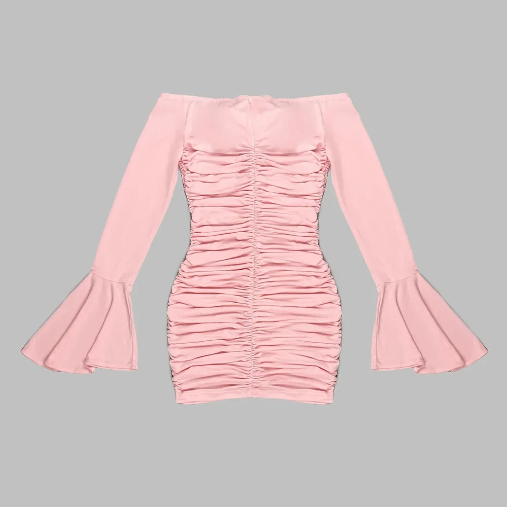 In Stock | European and American Cross-Border Spring and Summer Pink Floral Ruched Long-Sleeve Dress Women's Fitted Short Dress