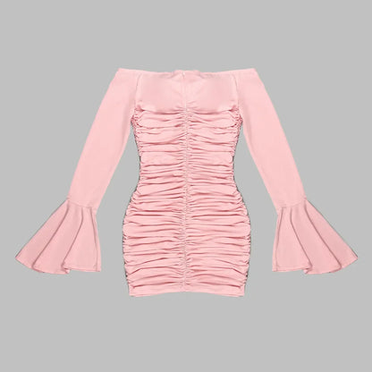 In Stock | European and American Cross-Border Spring and Summer Pink Floral Ruched Long-Sleeve Dress Women's Fitted Short Dress