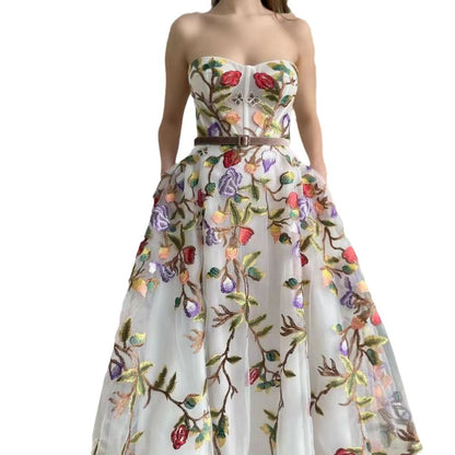 2025 Cross-Border New European and American Clothing Dress One-Shoulder Tube Top Embroidered Elegant Slim Mesh Long Skirt