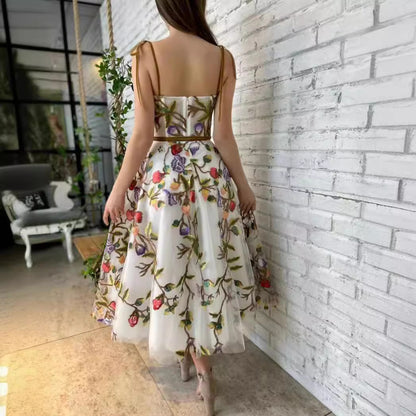 2025 Cross-Border New European and American Clothing Dress One-Shoulder Tube Top Embroidered Elegant Slim Mesh Long Skirt