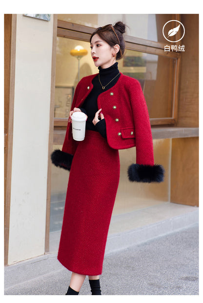 2024 Winter New Style Liner White Duck Down Jacket Real Hair Chanel Style suit Women's Light Luxury Socialite Skirt Two-piece Set