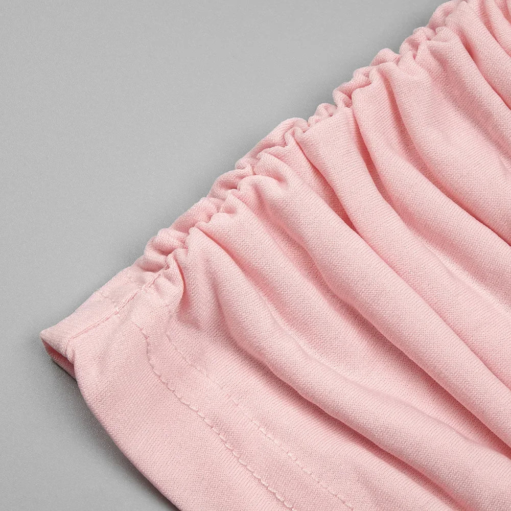 In Stock | European and American Cross-Border Spring and Summer Pink Floral Ruched Long-Sleeve Dress Women's Fitted Short Dress