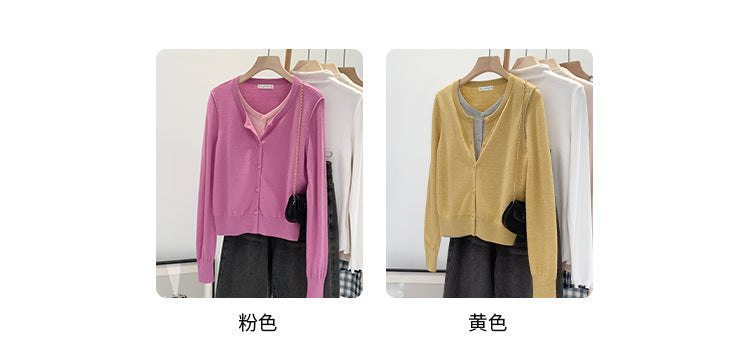 Beautiful V-neck Fake Two-piece Sleeve Knitted Cardigan Jacket Women's 2024 Autumn and Winter Western Style Unique Chic Slim Small Top