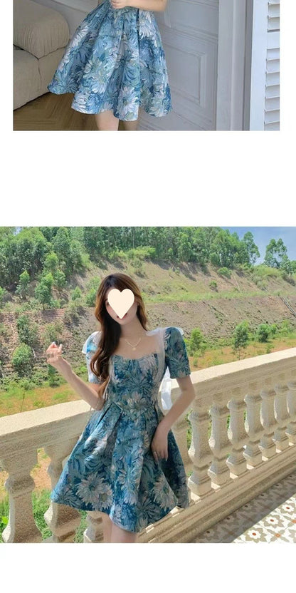 Floral dress Women's Summer French Style Elegant Short Waisted Skirt Niche Tutu Skirt Design Sense Sweet Puff Sleeve Skirt