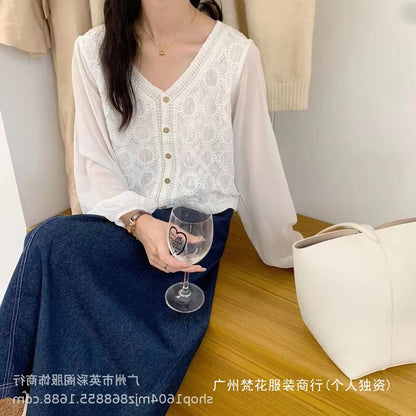 Spring and Summer All-match Sunscreen Stitching Chiffon Cardigan Long-sleeved Puff-sleeved Women's Niche Top Loose Western-style Coat