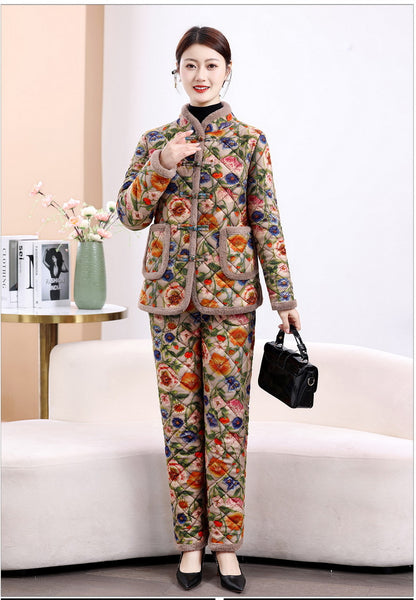 Chinese Style Mother's Winter New fleece-lined Thickened Cotton-padded Coat suit Middle-aged Women's Cotton-padded Clothes Cotton Pants Warm Two-piece Set