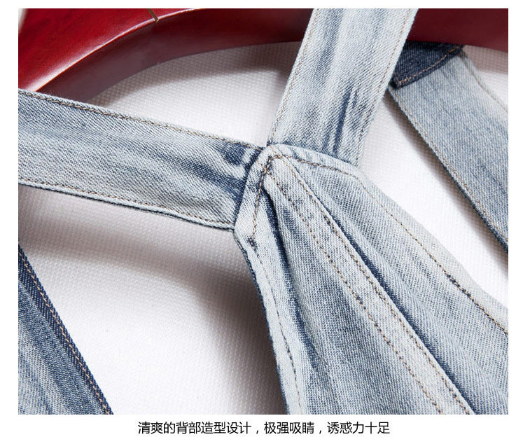 2024 Summer New Korean Style plus size Loose Fashionable Casual Denim Stitching Chiffon Strap Denim dress Women