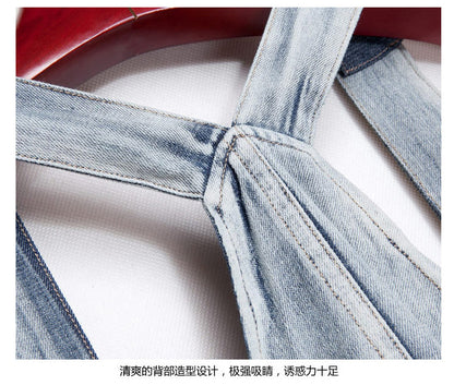 2024 Summer New Korean Style plus size Loose Fashionable Casual Denim Stitching Chiffon Strap Denim dress Women