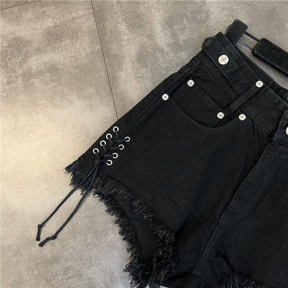 Lace-Up Raw Edge Cross Flower Picture Sweet Cool Dark Style Denim Shorts for Women Summer Outer Wear Large Size Fat mm Popular Hot Pants
